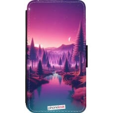 Coque iPhone 13 mini - Wallet noir Paysage Violet-Rose