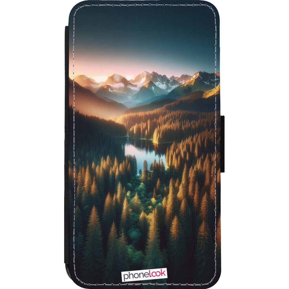 Coque iPhone 13 mini - Wallet noir Sunset Forest Lake