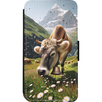 Coque iPhone 13 mini - Wallet noir Vache montagne Valais