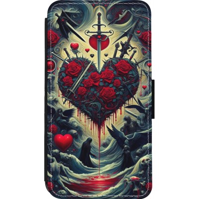 Coque iPhone 13 mini - Wallet noir Dark Love Coeur Sang