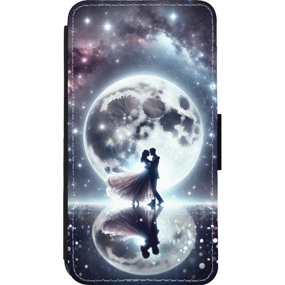 Coque iPhone 13 mini - Wallet noir Valentine 2024 Love under the moon