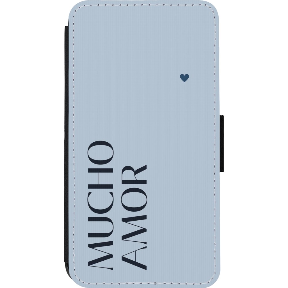 Coque iPhone 13 mini - Wallet noir Valentine 2024 mucho amor azul