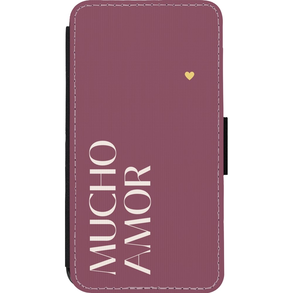 Coque iPhone 13 mini - Wallet noir Valentine 2024 mucho amor rosado