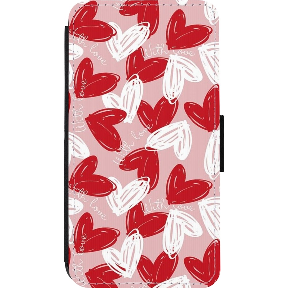 Coque iPhone 13 mini - Wallet noir Valentine 2024 with love heart