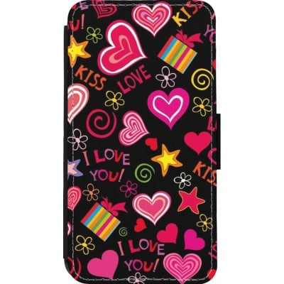 Coque iPhone 13 mini - Wallet noir Valentine 2023 love symbols