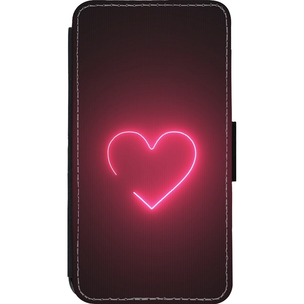 Coque iPhone 13 mini - Wallet noir Valentine 2023 single neon heart