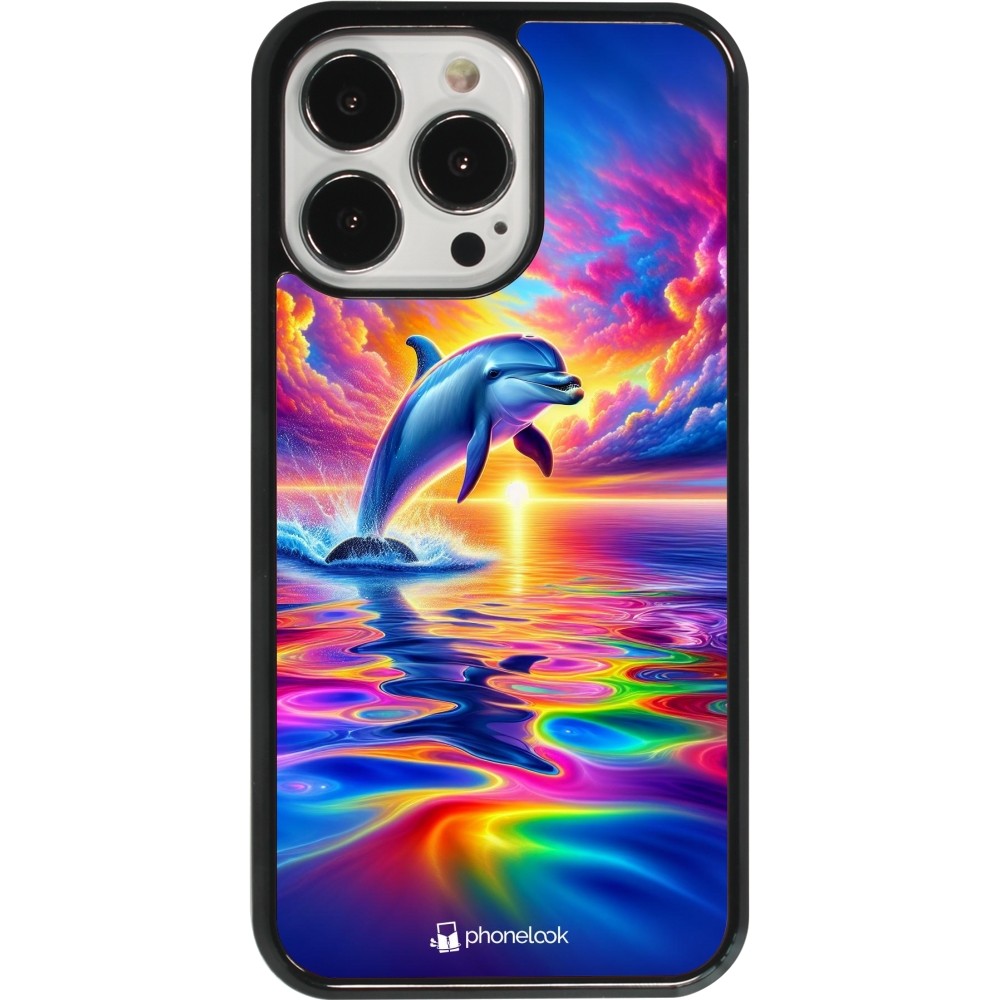 Coque iPhone 13 Pro - Dauphin arc-en-ciel heureux