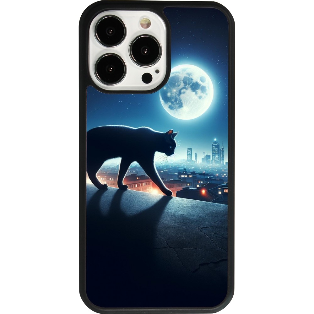 Coque iPhone 13 Pro - Silicone rigide noir Chat noir sous la pleine lune