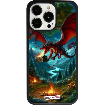 Coque iPhone 13 Pro - Silicone rigide noir Dragon Volant Forêt Trésor