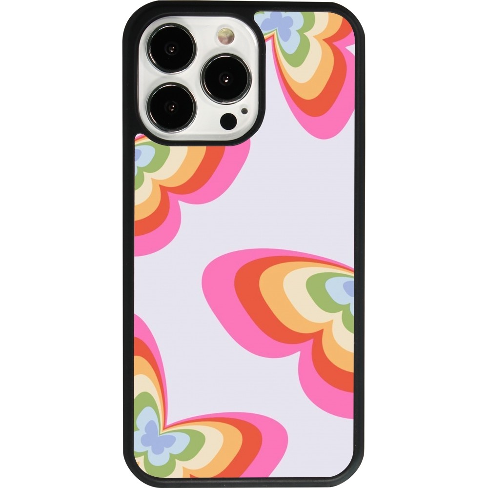 Coque iPhone 13 Pro - Silicone rigide noir Easter 2024 rainbow butterflies