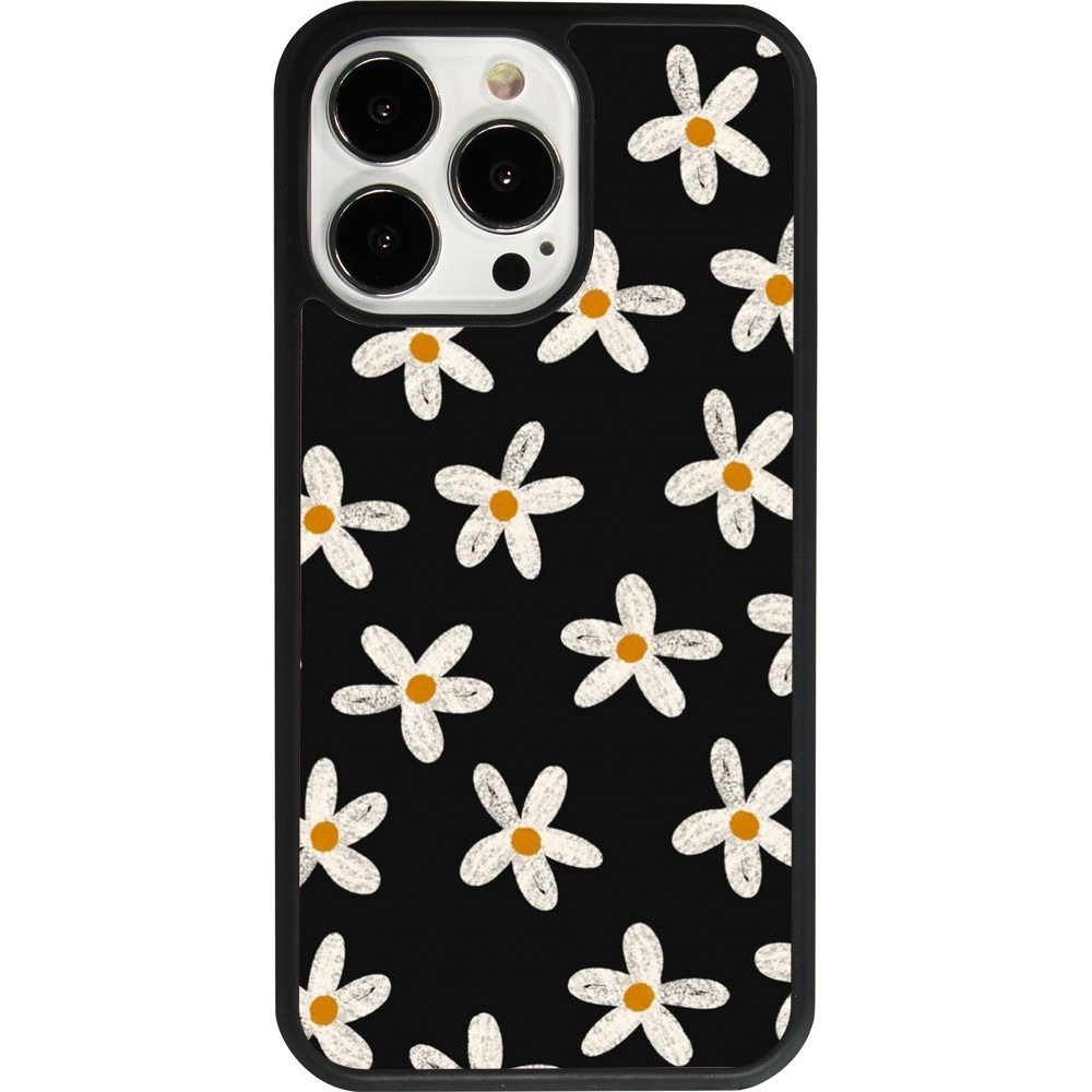 Coque iPhone 13 Pro - Silicone rigide noir Easter 2024 white on black flower