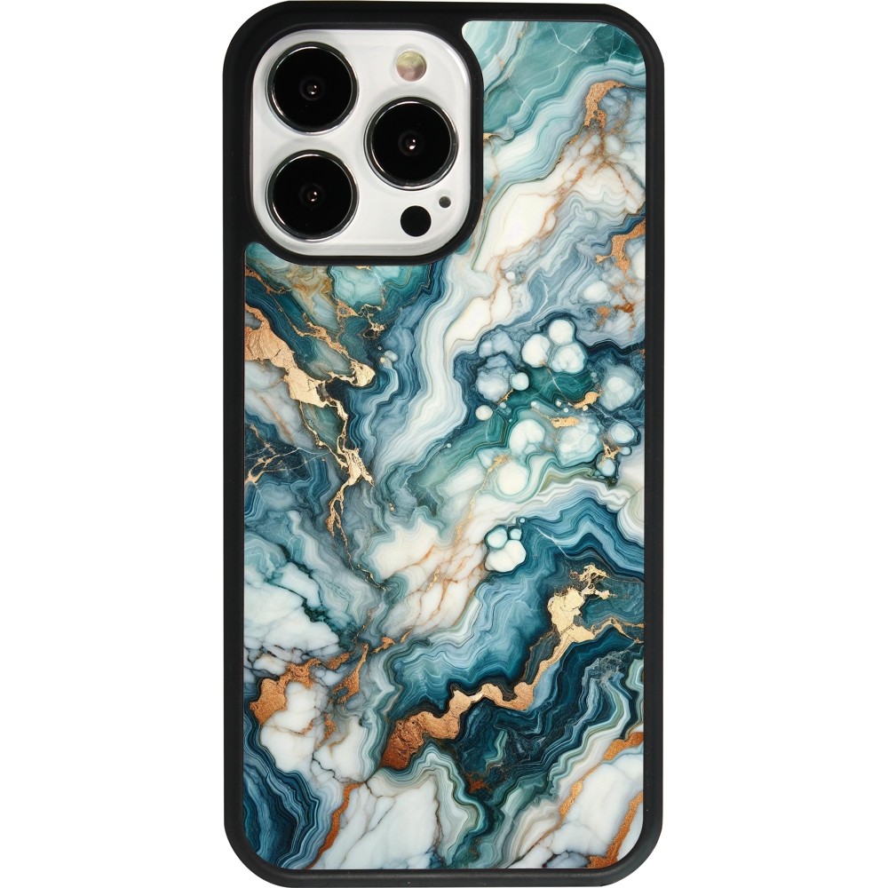 Coque iPhone 13 Pro - Silicone rigide noir Marbre Vert Bleu Doré