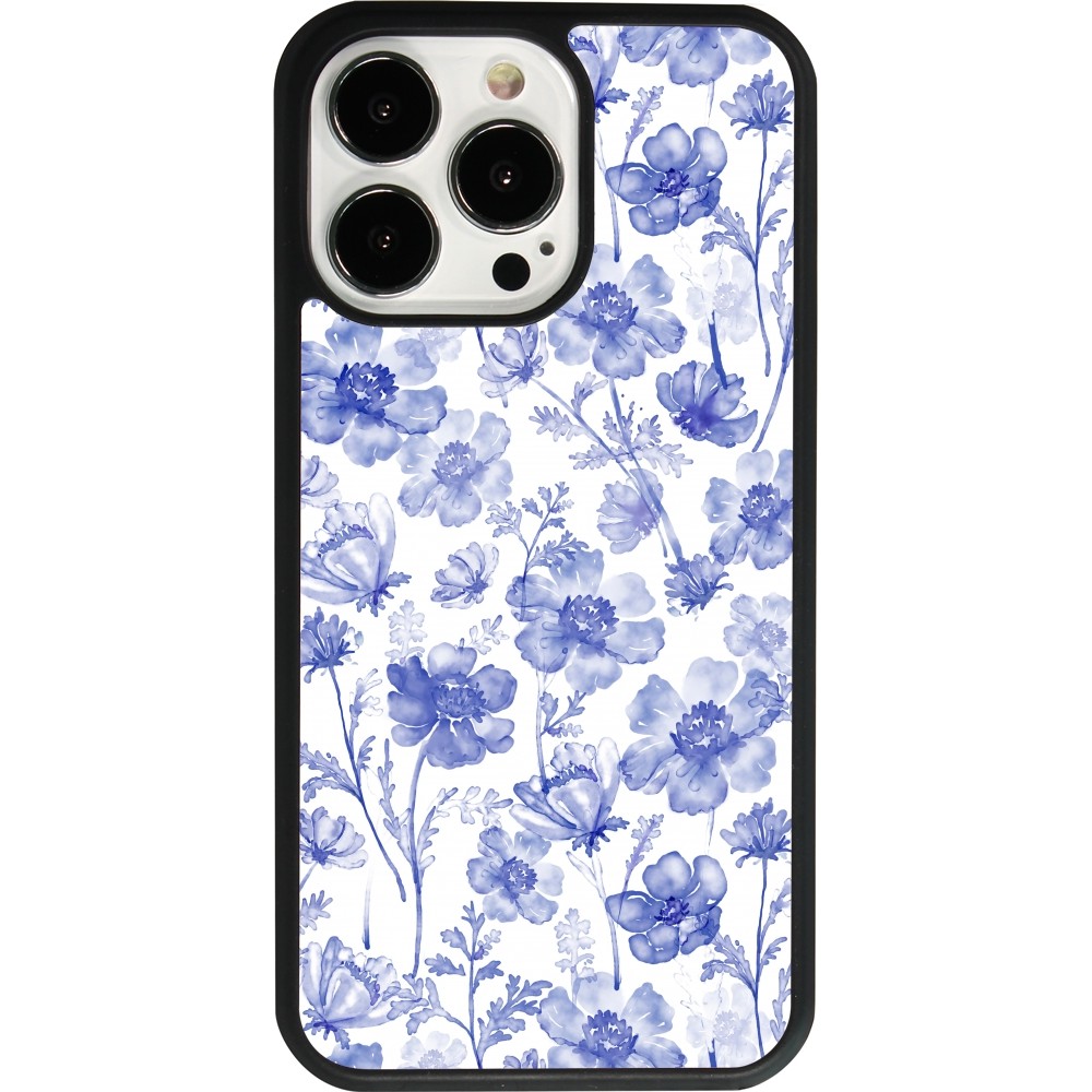 Coque iPhone 13 Pro - Silicone rigide noir Spring 23 watercolor blue flowers