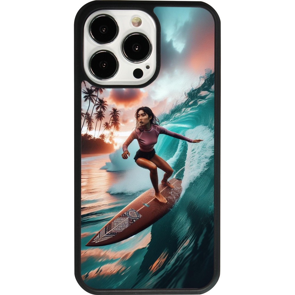 Coque iPhone 13 Pro - Silicone rigide noir Surfeuse Balinaise