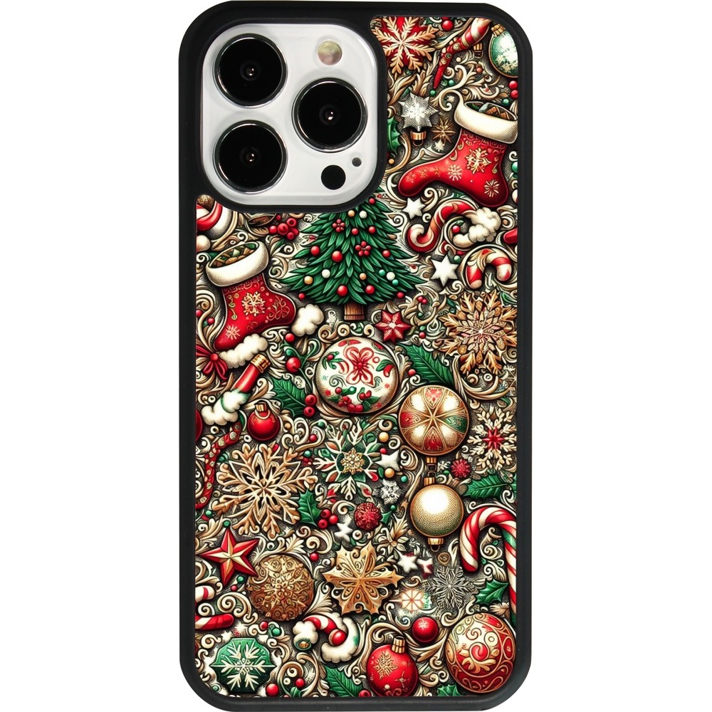 Coque iPhone 13 Pro - Silicone rigide noir Noël 2023 micro pattern