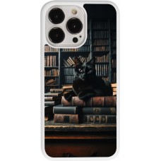 Coque iPhone 13 Pro - Silicone rigide blanc Chat livres sombres