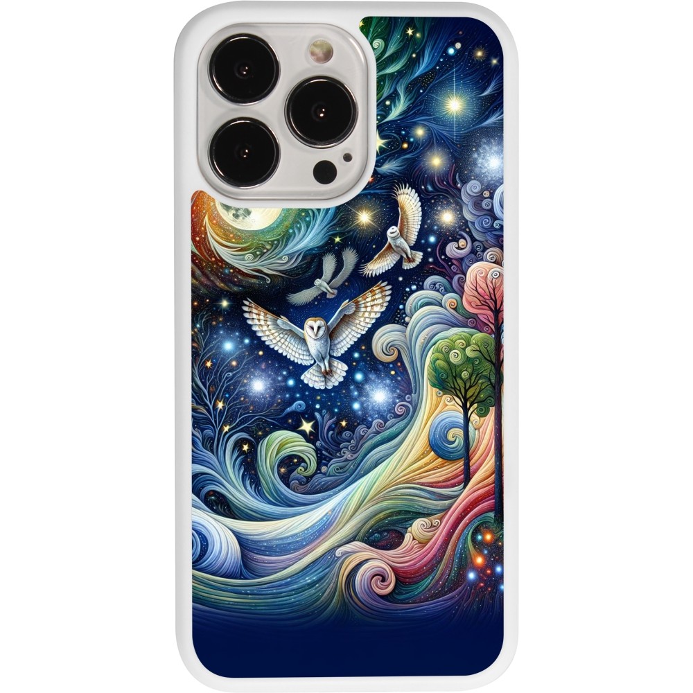 Coque iPhone 13 Pro - Silicone rigide blanc hibou volant floral