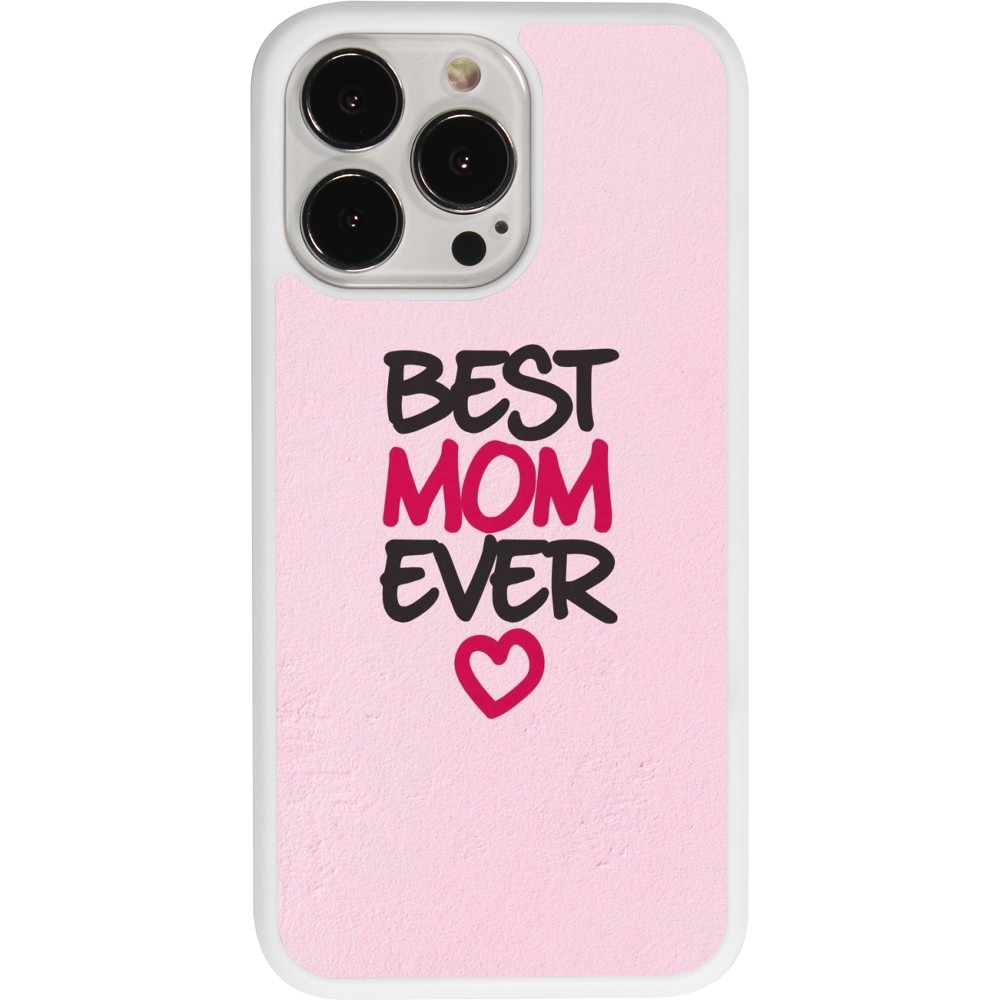 Coque iPhone 13 Pro - Silicone rigide blanc Mom 2023 best Mom ever pink