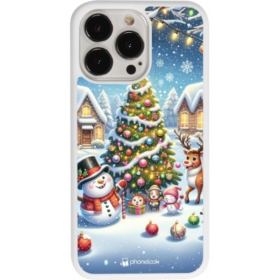 Coque iPhone 13 Pro - Silicone rigide blanc Noël 2023 bonhomme de neige et sapin