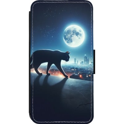 Coque iPhone 13 Pro - Wallet noir Chat noir sous la pleine lune