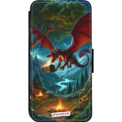 Coque iPhone 13 Pro - Wallet noir Dragon Volant Forêt Trésor