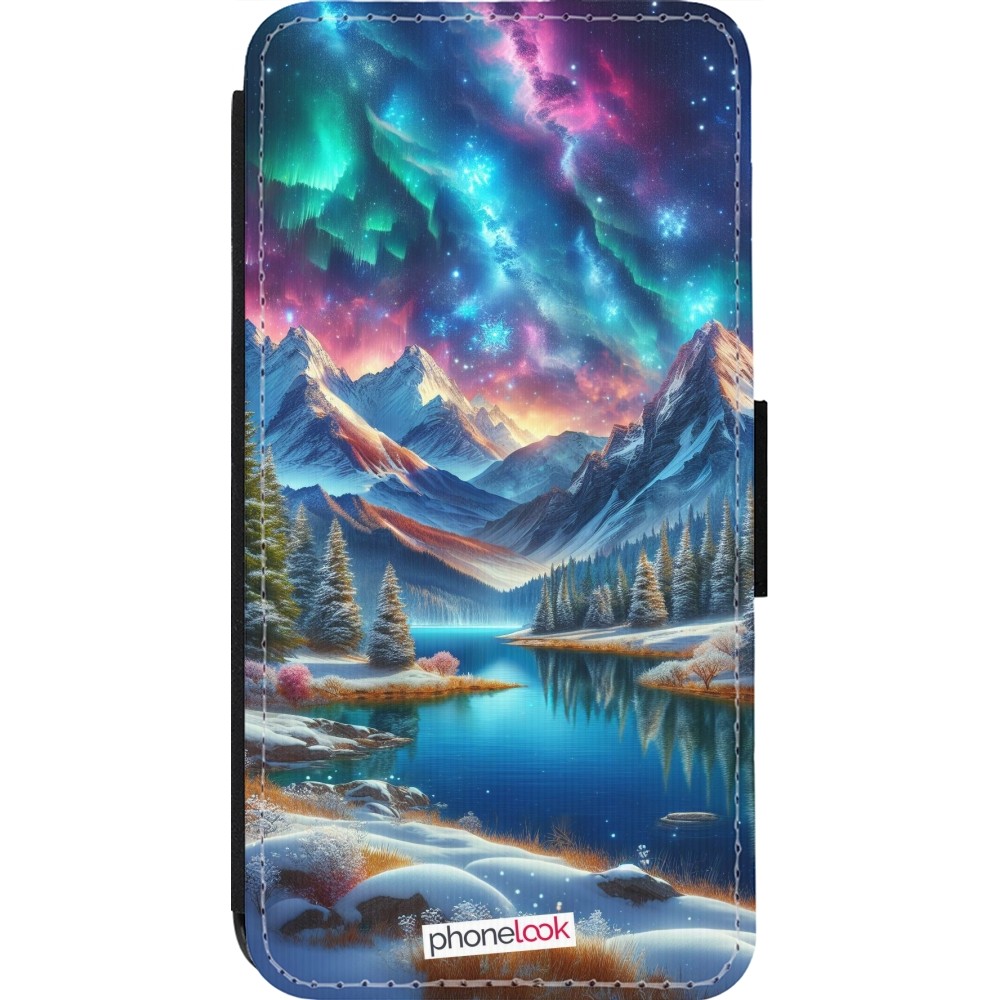 Coque iPhone 13 Pro - Wallet noir Fantasy Mountain Lake Sky Stars