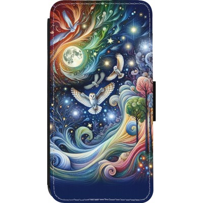 Coque iPhone 13 Pro - Wallet noir hibou volant floral