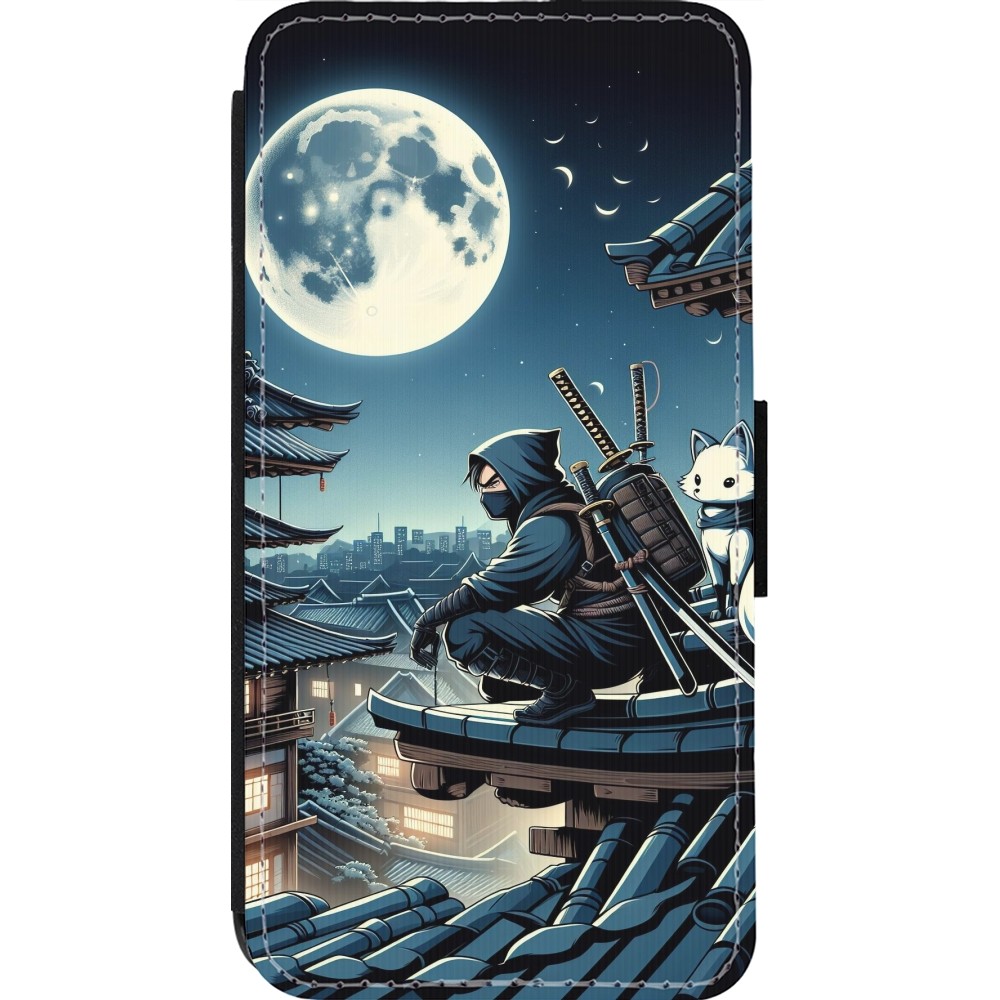 Coque iPhone 13 Pro - Wallet noir Ninja sous la lune