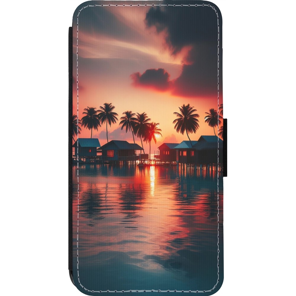 Coque iPhone 13 Pro - Wallet noir Paradis Maldives