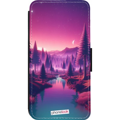 Coque iPhone 13 Pro - Wallet noir Paysage Violet-Rose