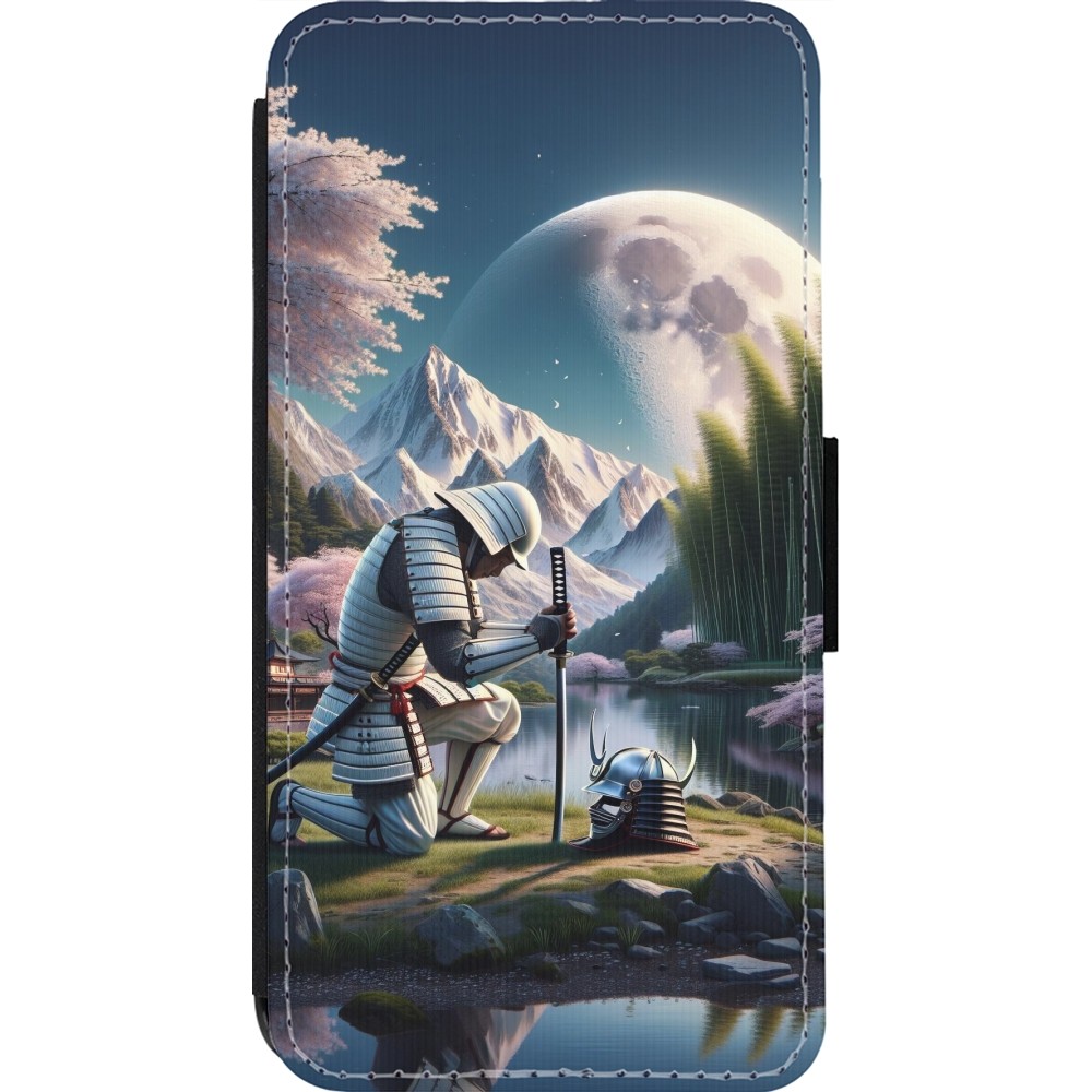 Coque iPhone 13 Pro - Wallet noir Samurai Katana Lune