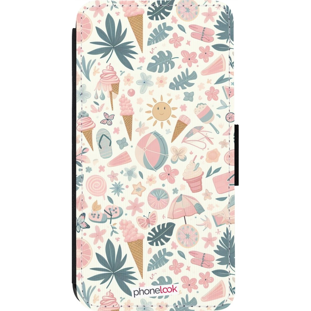 Coque iPhone 13 Pro - Wallet noir Summer Pink Pattern