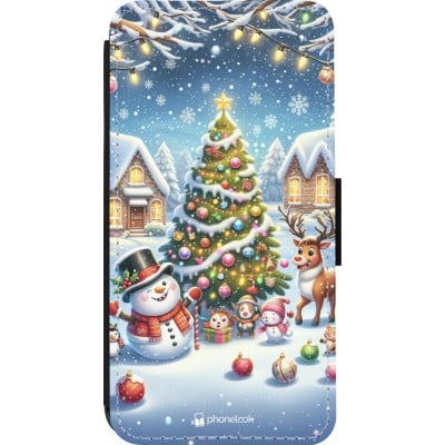 Coque iPhone 13 Pro - Wallet noir Noël 2023 bonhomme de neige et sapin