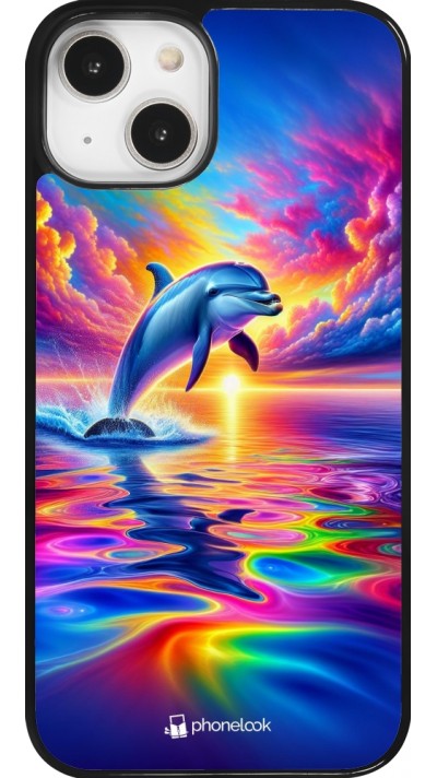 Coque iPhone 14 - Dauphin arc-en-ciel heureux