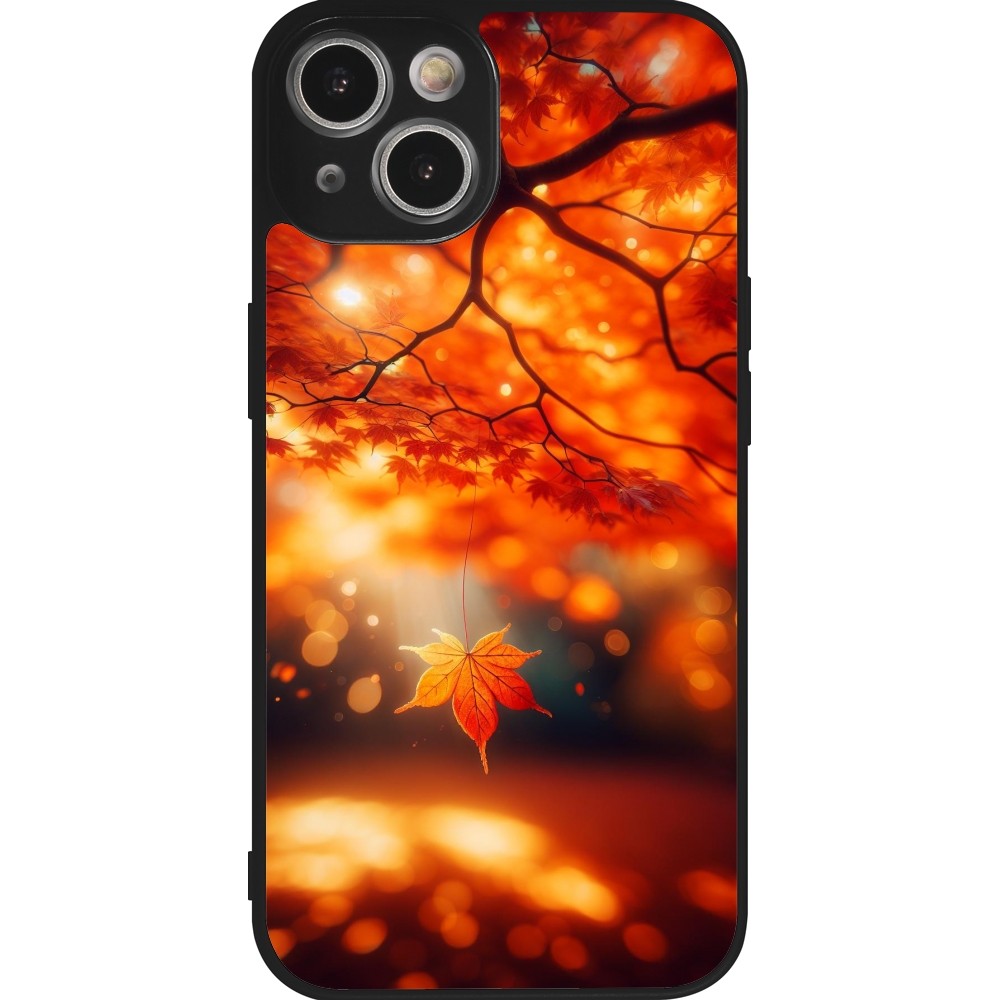 Coque iPhone 14 - Silicone rigide noir Automne Magique Orange