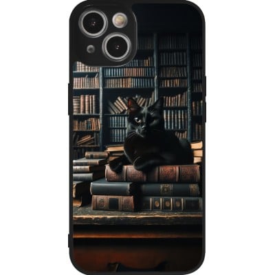 Coque iPhone 14 - Silicone rigide noir Chat livres sombres