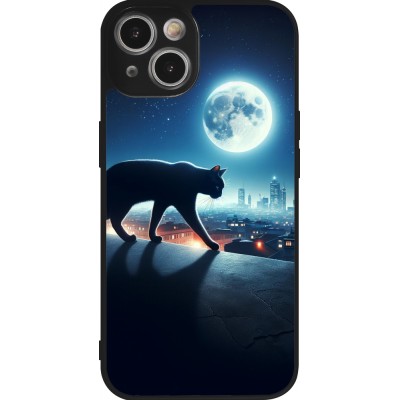 Coque iPhone 14 - Silicone rigide noir Chat noir sous la pleine lune