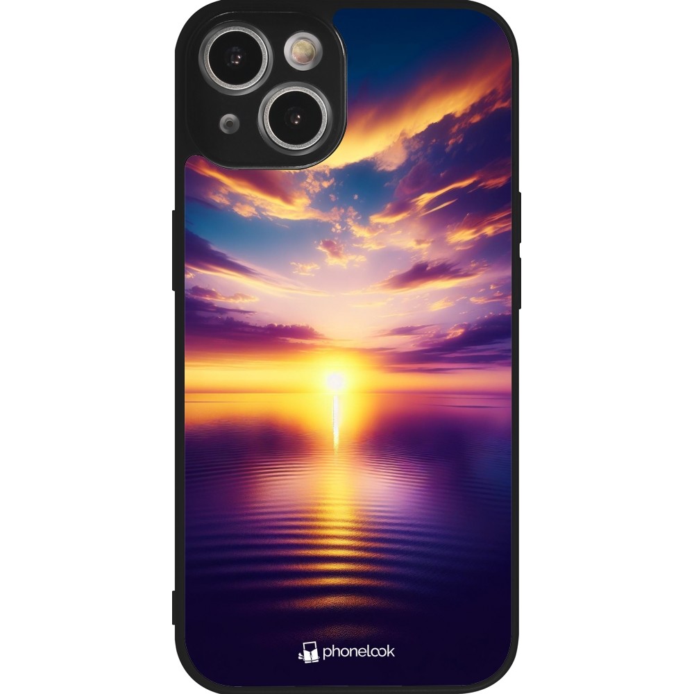 Coque iPhone 14 - Silicone rigide noir Coucher soleil jaune violet