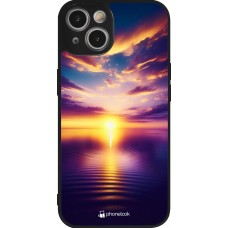 Coque iPhone 14 - Silicone rigide noir Coucher soleil jaune violet