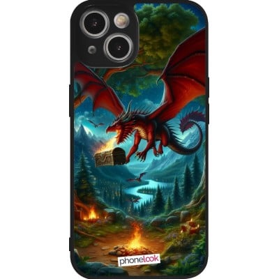 Coque iPhone 14 - Silicone rigide noir Dragon Volant Forêt Trésor