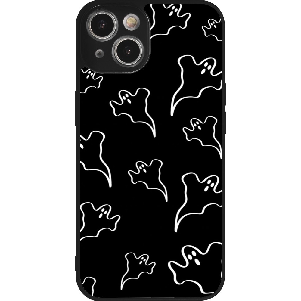 Coque iPhone 14 - Silicone rigide noir Halloween 2024 black and white ghosts