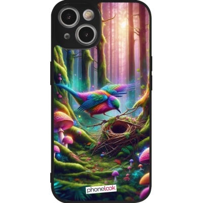 Coque iPhone 14 - Silicone rigide noir Oiseau Nid Forêt