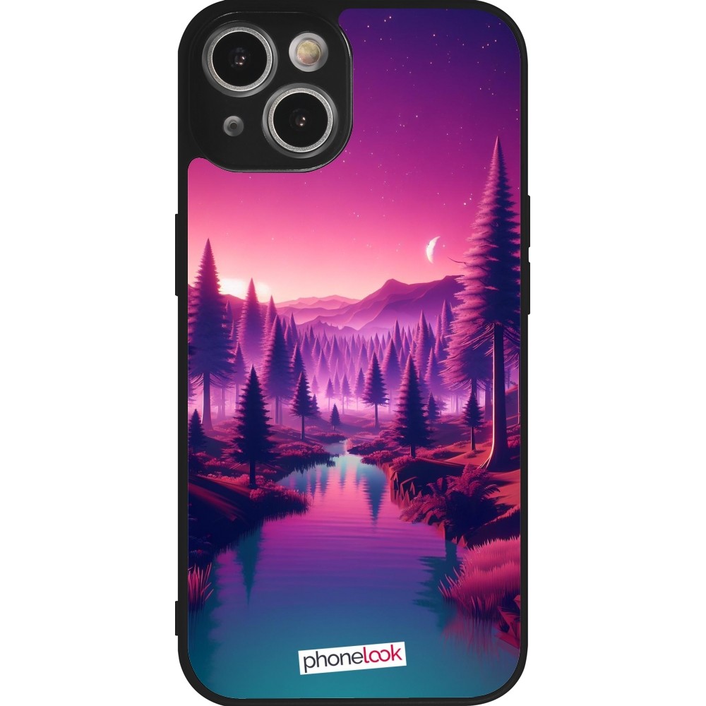 Coque iPhone 14 - Silicone rigide noir Paysage Violet-Rose