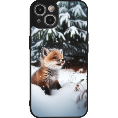 Coque iPhone 14 - Silicone rigide noir Noël 2023 Renardeau sapin