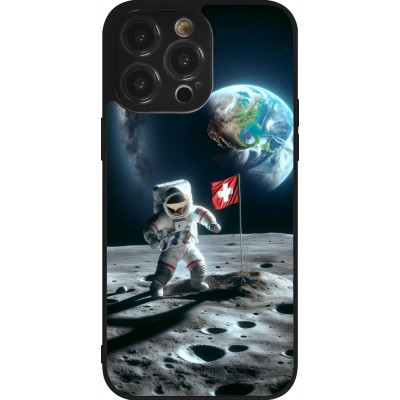 Coque iPhone 14 Pro Max - Silicone rigide noir Astro Suisse sur lune