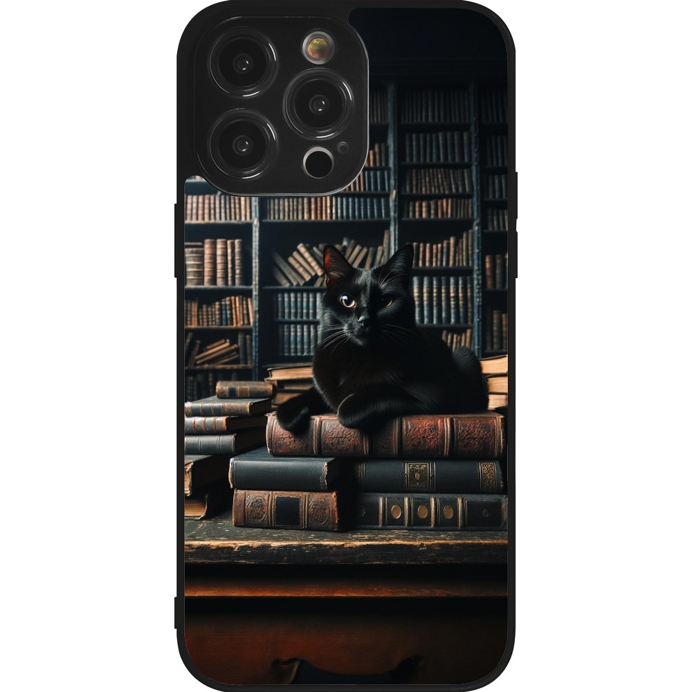 Coque iPhone 14 Pro Max - Silicone rigide noir Chat livres sombres