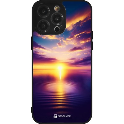 Coque iPhone 14 Pro Max - Silicone rigide noir Coucher soleil jaune violet