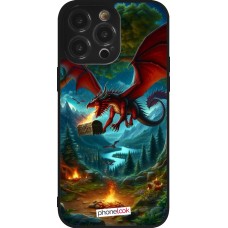 Coque iPhone 14 Pro Max - Silicone rigide noir Dragon Volant Forêt Trésor