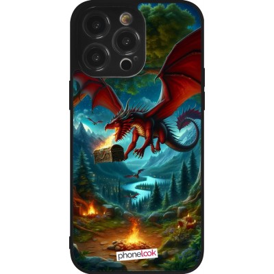 Coque iPhone 14 Pro Max - Silicone rigide noir Dragon Volant Forêt Trésor