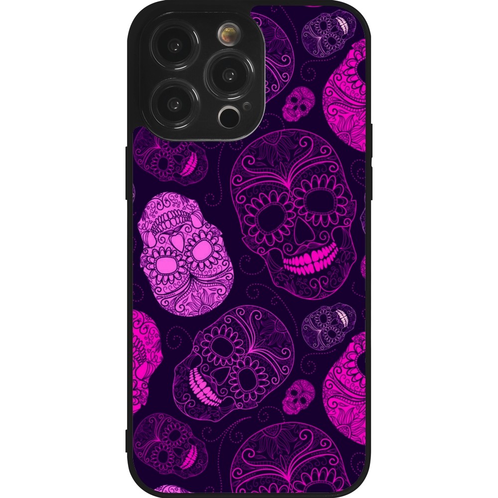 Coque iPhone 14 Pro Max - Silicone rigide noir Halloween 2023 pink skulls